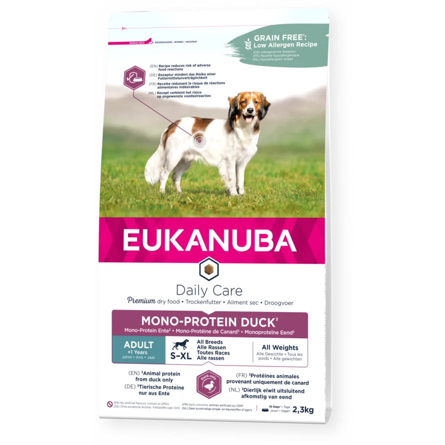 Eukanuba Daily Care dry dog food for adult dogs mono protein duck