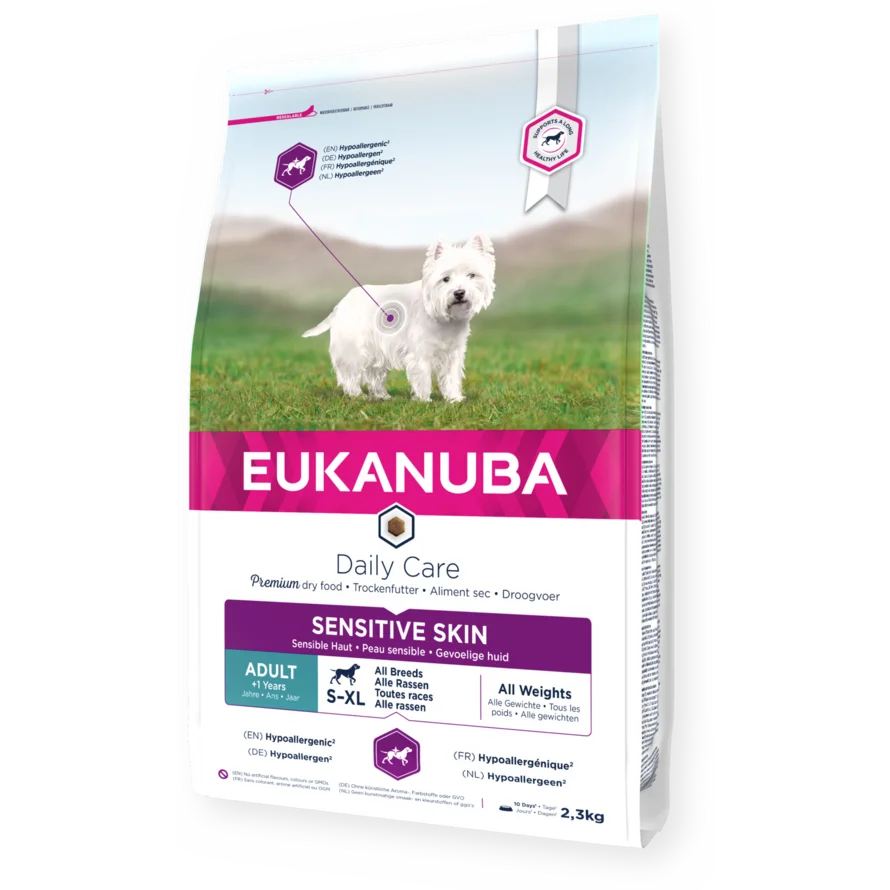 Eukanuba Daily Care dry dog food (kibble) for adult dogs sensitive skin  