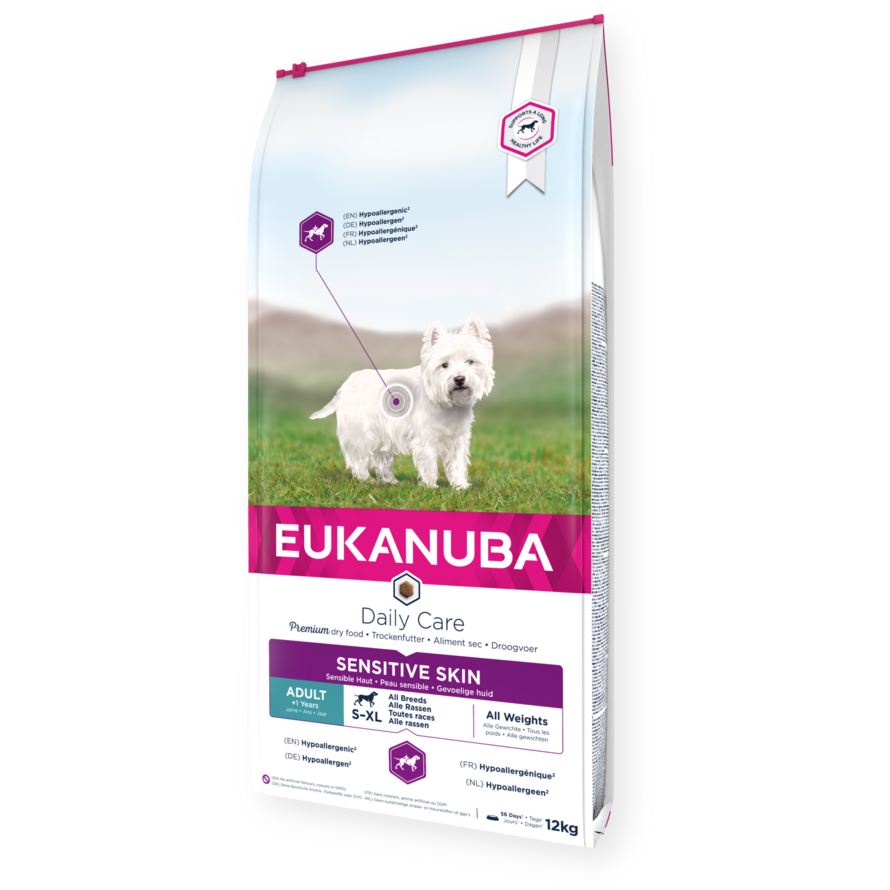 Eukanuba Daily Care dry dog food (kibble) for adult dogs sensitive skin  