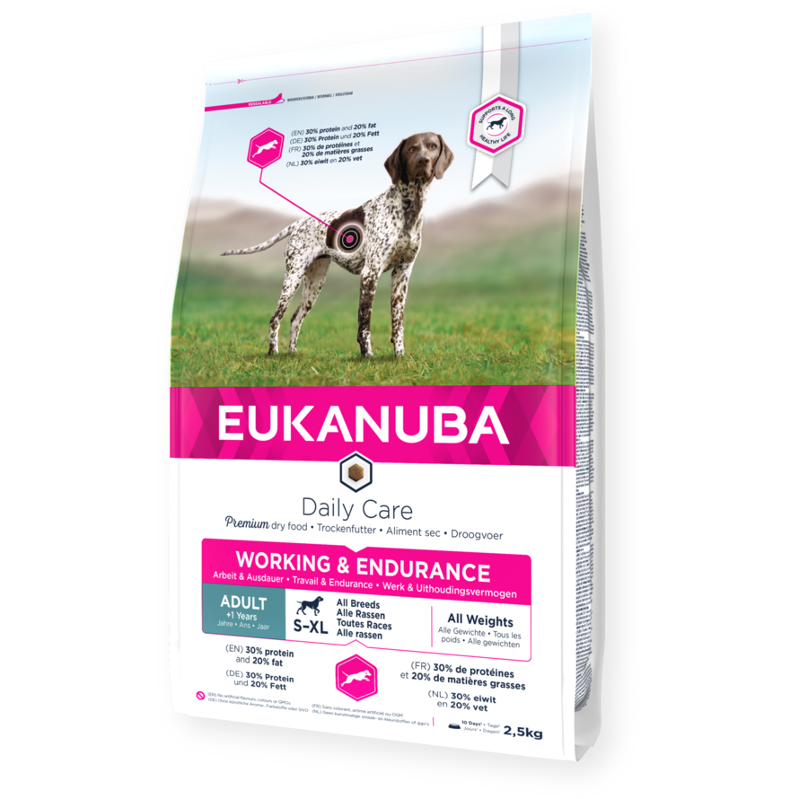 Eukanuba Daily Care dry dog food (kibble) for adult dogs working and endurance